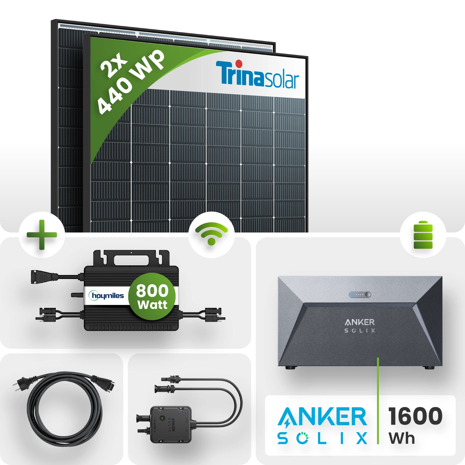 Balkonkraftwerk 880Wp 2x Trina Solar Modul 1,6kW Speicher Hoymiles HMS-800W-2T Wechselrichter Komplettset Black Frame